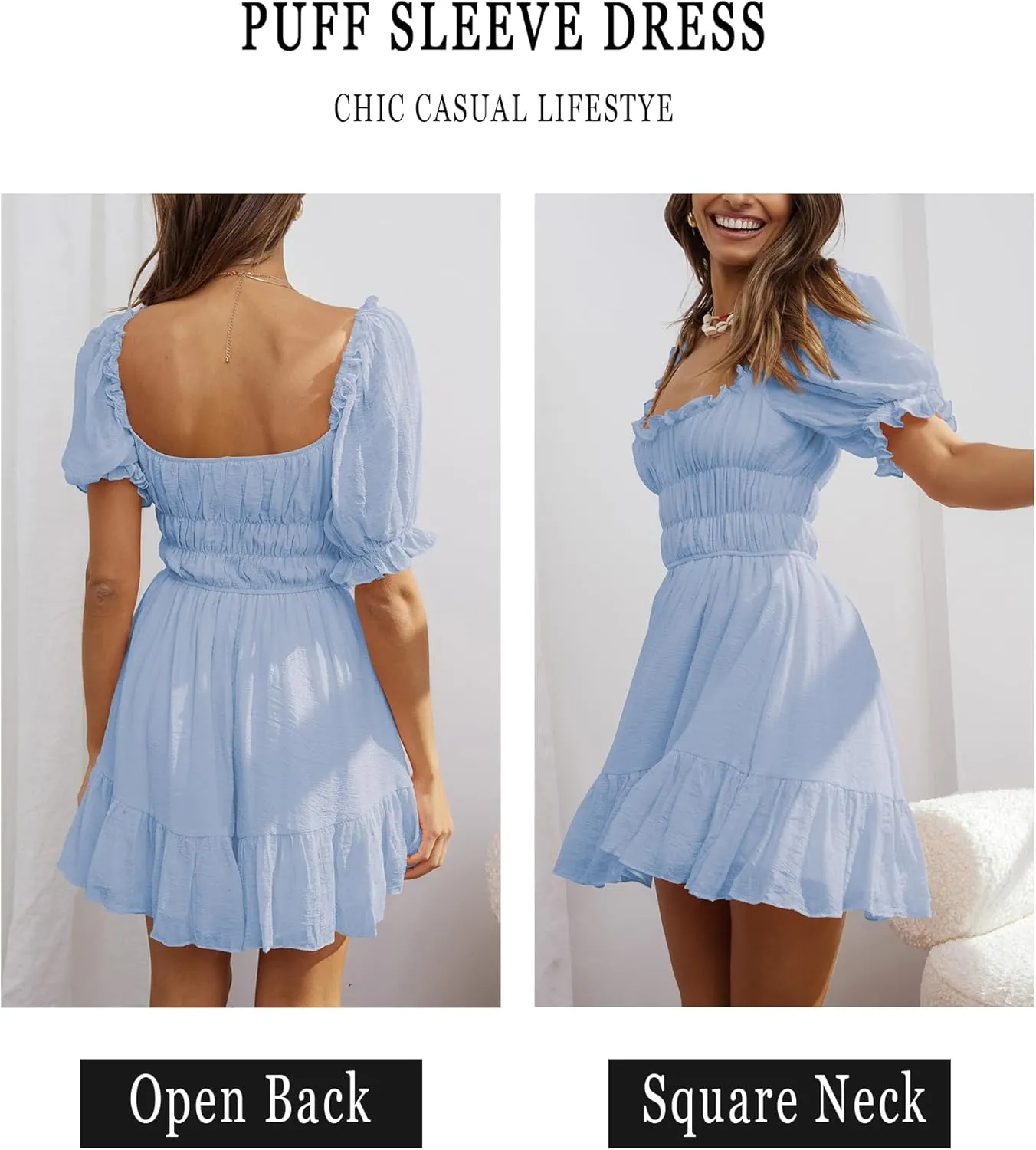 Women's Square Neck Puff Sleeve Mini Dresses Ruffle Elastic Waist A-Line Elegant Summer Casual Flowy Mini Dress
