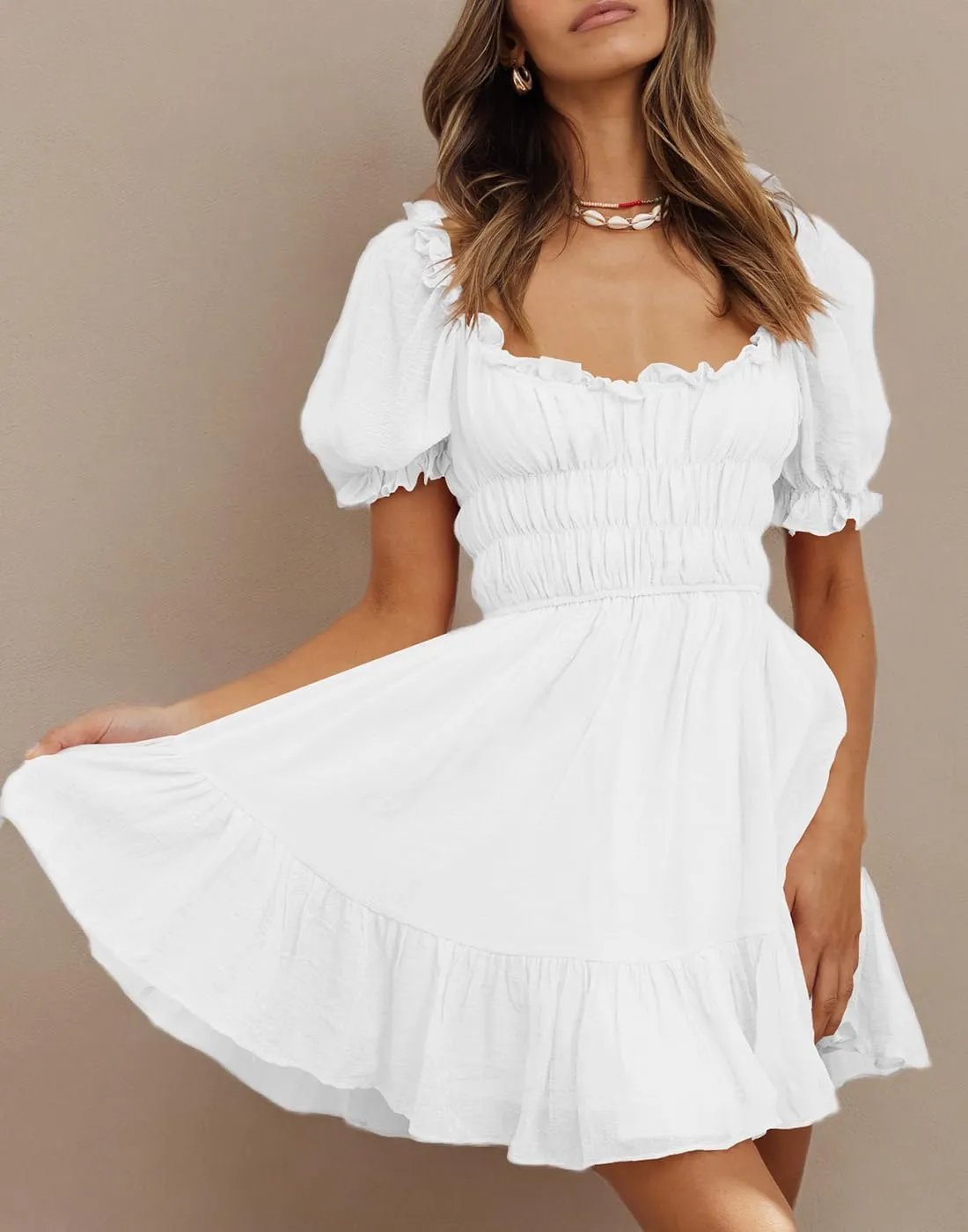 Women's Square Neck Puff Sleeve Mini Dresses Ruffle Elastic Waist A-Line Elegant Summer Casual Flowy Mini Dress