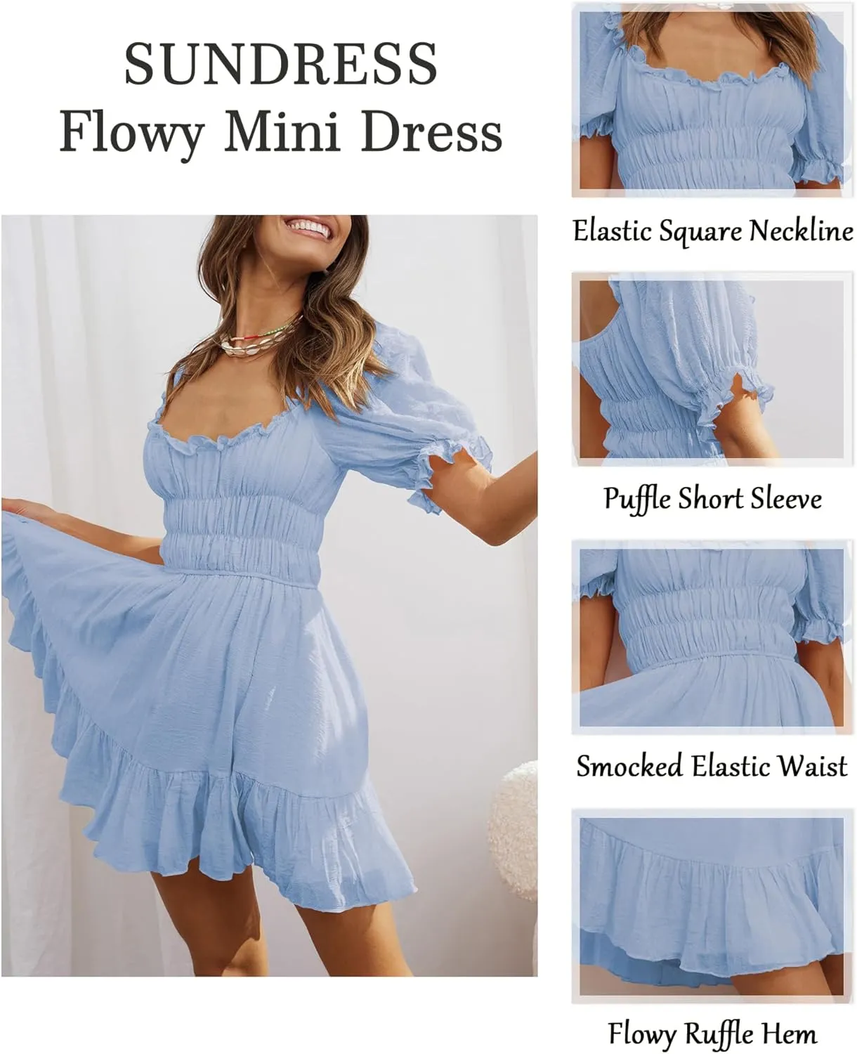 Women's Square Neck Puff Sleeve Mini Dresses Ruffle Elastic Waist A-Line Elegant Summer Casual Flowy Mini Dress