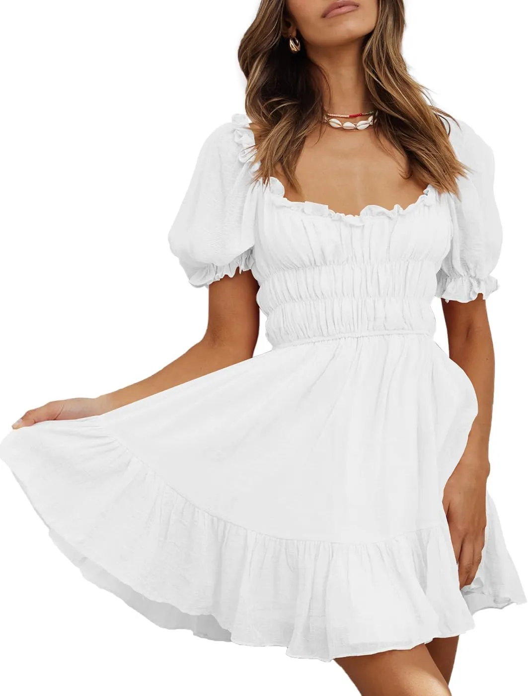 Women's Square Neck Puff Sleeve Mini Dresses Ruffle Elastic Waist A-Line Elegant Summer Casual Flowy Mini Dress
