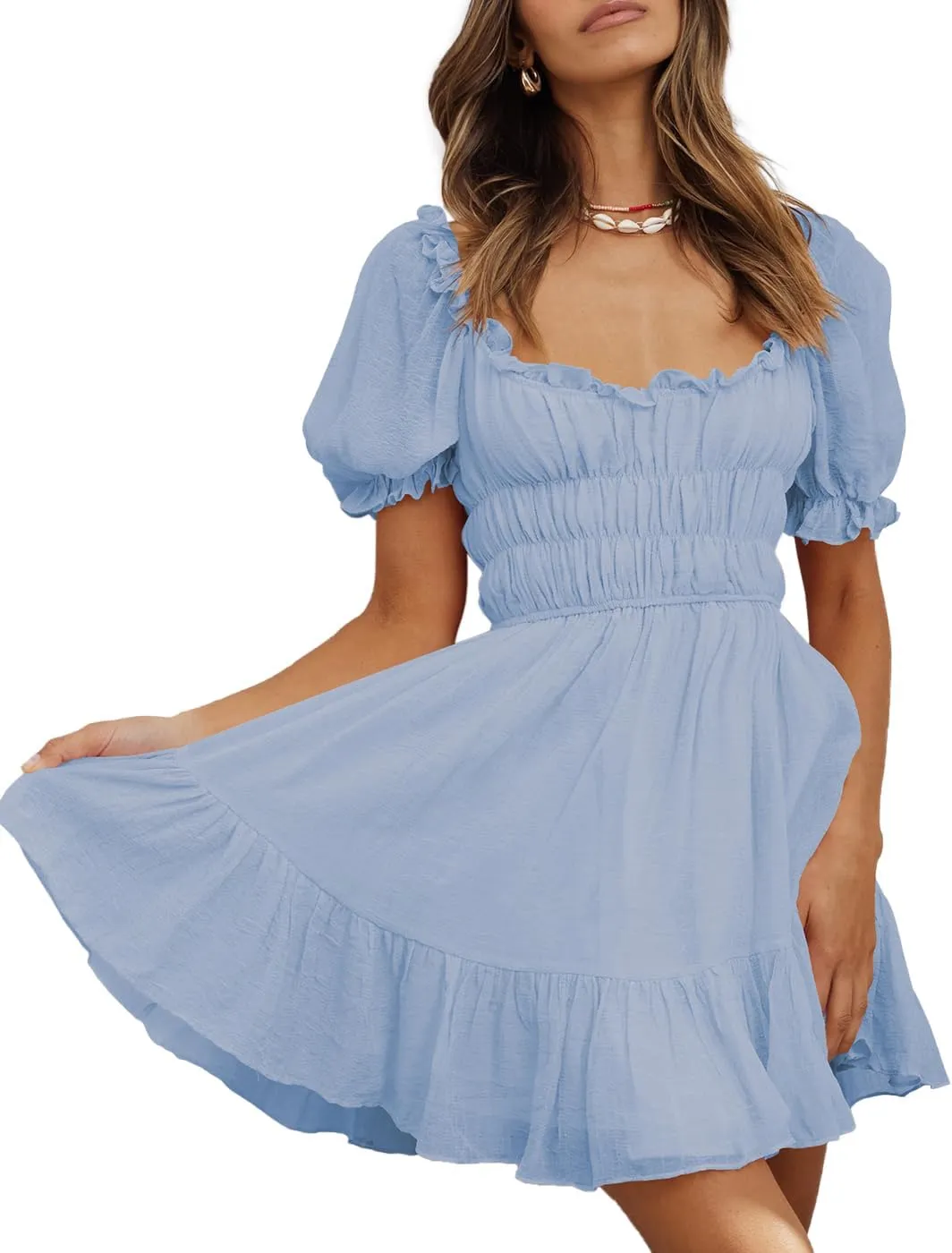 Women's Square Neck Puff Sleeve Mini Dresses Ruffle Elastic Waist A-Line Elegant Summer Casual Flowy Mini Dress
