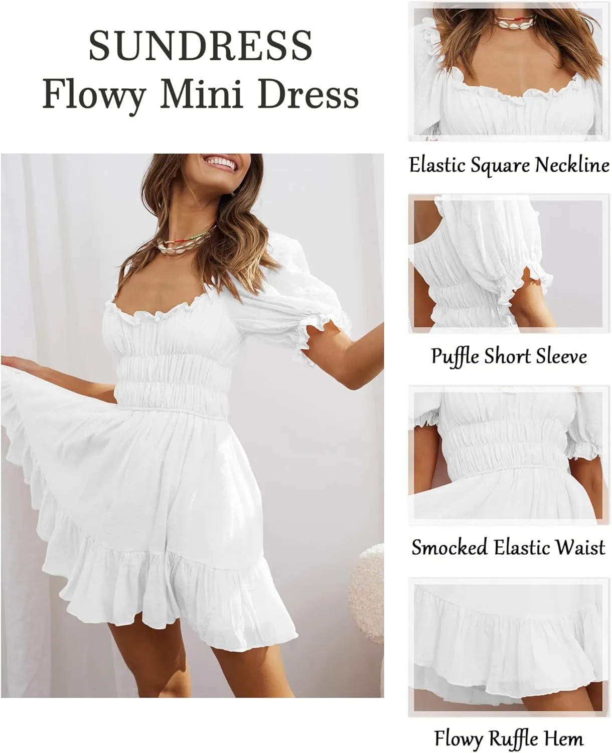 Women's Square Neck Puff Sleeve Mini Dresses Ruffle Elastic Waist A-Line Elegant Summer Casual Flowy Mini Dress