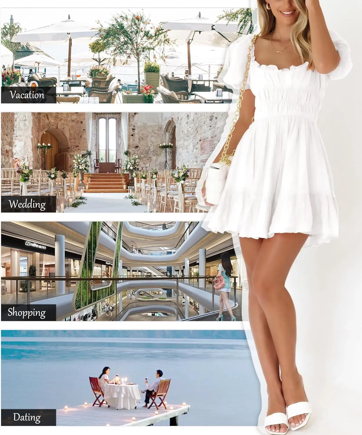 Women's Square Neck Puff Sleeve Mini Dresses Ruffle Elastic Waist A-Line Elegant Summer Casual Flowy Mini Dress