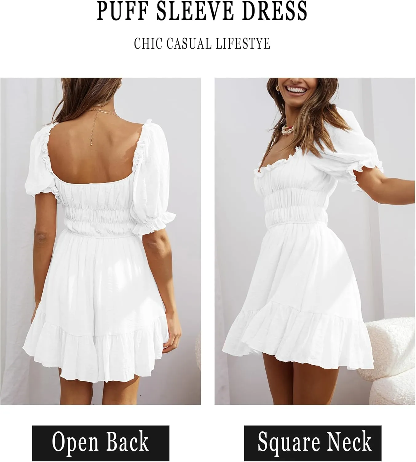 Women's Square Neck Puff Sleeve Mini Dresses Ruffle Elastic Waist A-Line Elegant Summer Casual Flowy Mini Dress