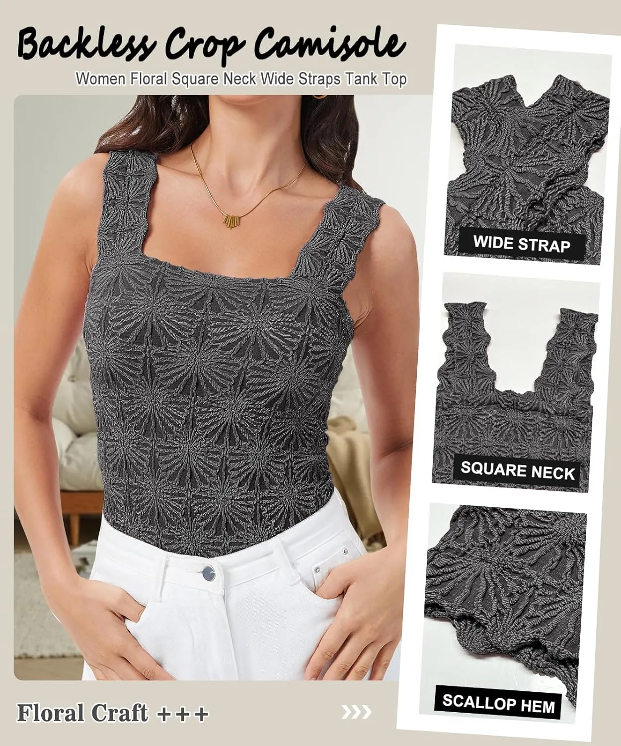 Womens Square Neck Wide Strap Flower Cropped Tank Top Backless Lettuce Trim Slim Fit Love Letter Cami Vest