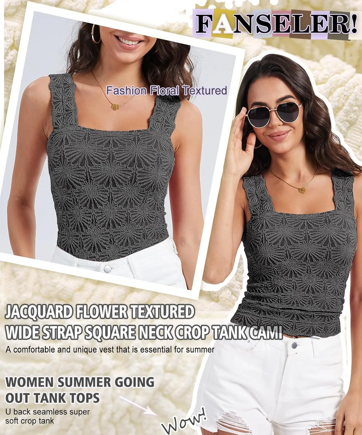 Womens Square Neck Wide Strap Flower Cropped Tank Top Backless Lettuce Trim Slim Fit Love Letter Cami Vest