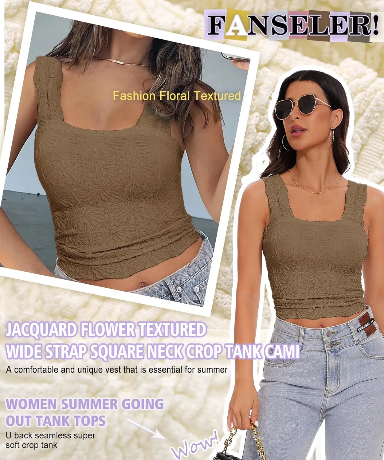 Womens Square Neck Wide Strap Flower Cropped Tank Top Backless Lettuce Trim Slim Fit Love Letter Cami Vest