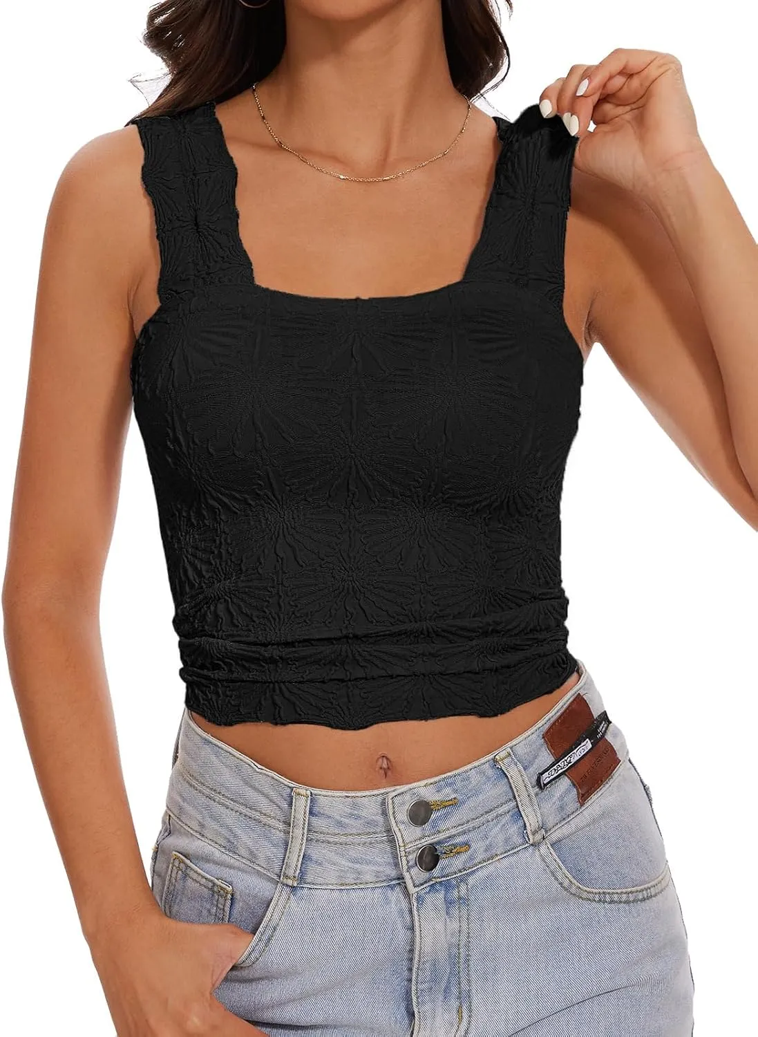 Womens Square Neck Wide Strap Flower Cropped Tank Top Backless Lettuce Trim Slim Fit Love Letter Cami Vest