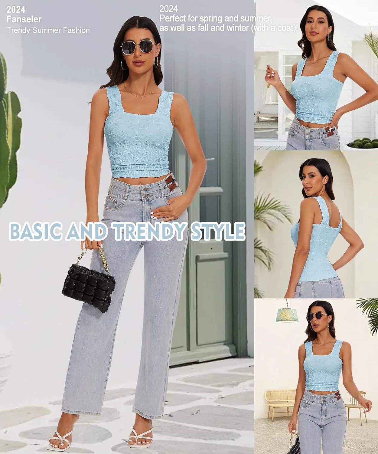 Womens Square Neck Wide Strap Flower Cropped Tank Top Backless Lettuce Trim Slim Fit Love Letter Cami Vest