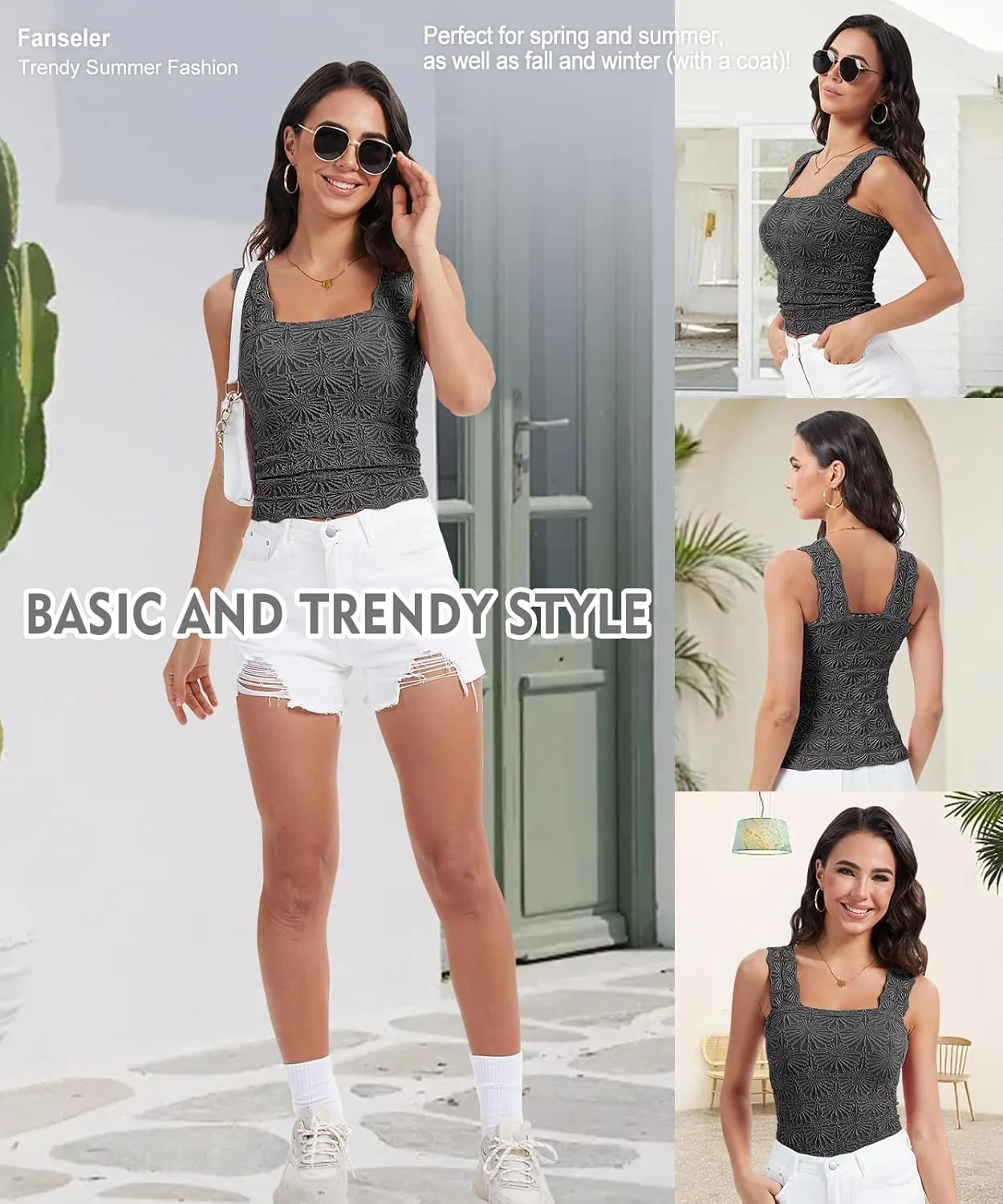 Womens Square Neck Wide Strap Flower Cropped Tank Top Backless Lettuce Trim Slim Fit Love Letter Cami Vest