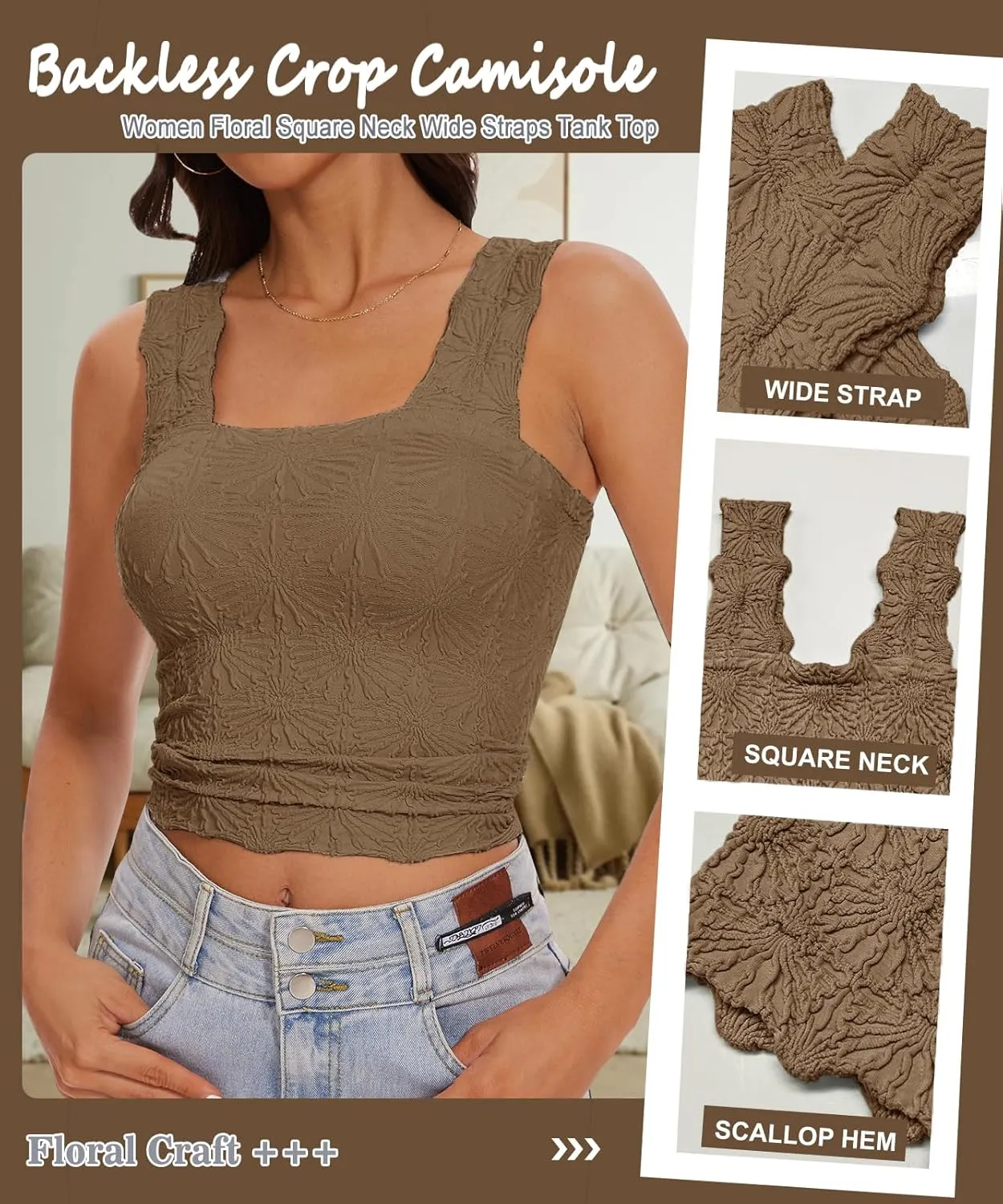 Womens Square Neck Wide Strap Flower Cropped Tank Top Backless Lettuce Trim Slim Fit Love Letter Cami Vest