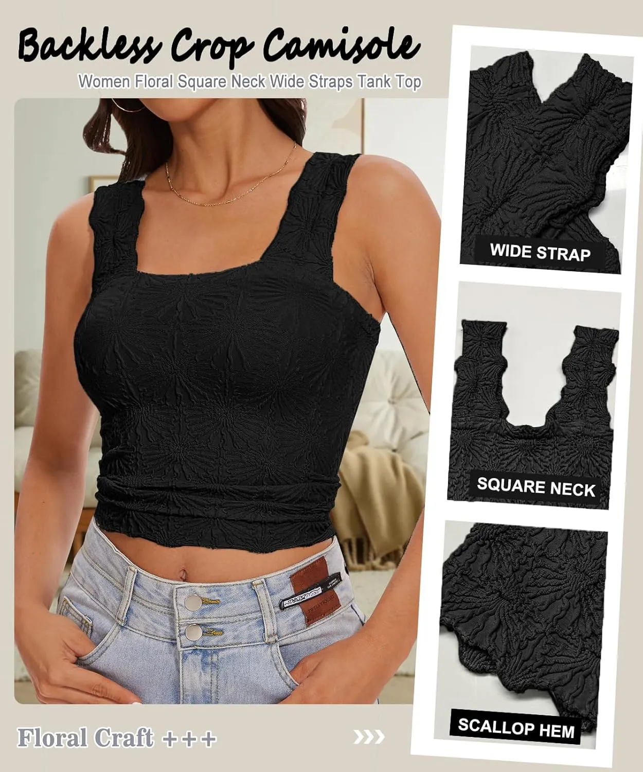 Womens Square Neck Wide Strap Flower Cropped Tank Top Backless Lettuce Trim Slim Fit Love Letter Cami Vest