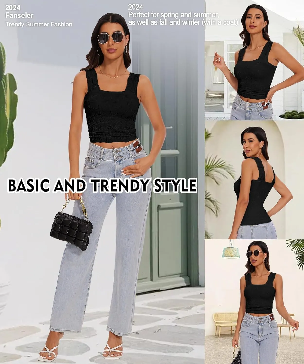 Womens Square Neck Wide Strap Flower Cropped Tank Top Backless Lettuce Trim Slim Fit Love Letter Cami Vest