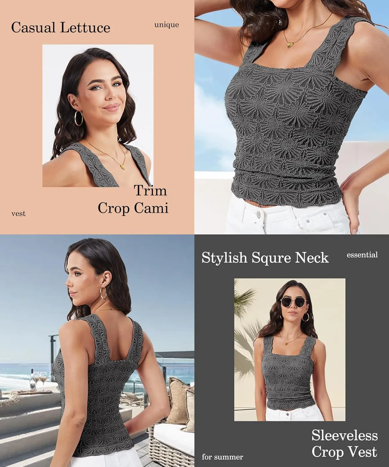 Womens Square Neck Wide Strap Flower Cropped Tank Top Backless Lettuce Trim Slim Fit Love Letter Cami Vest