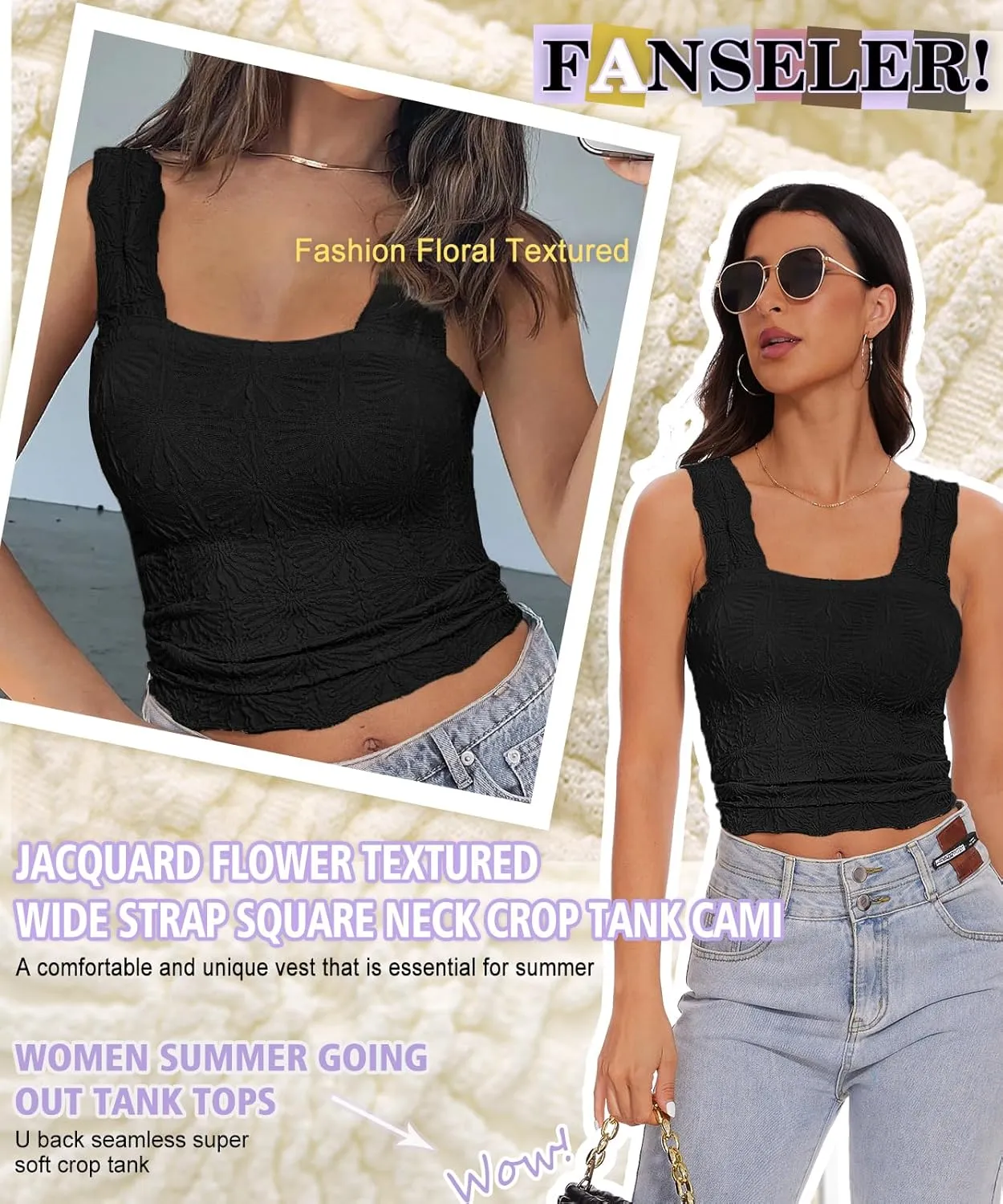 Womens Square Neck Wide Strap Flower Cropped Tank Top Backless Lettuce Trim Slim Fit Love Letter Cami Vest