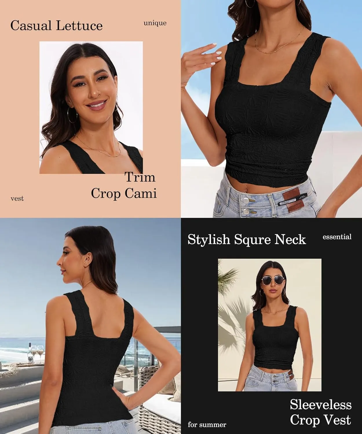 Womens Square Neck Wide Strap Flower Cropped Tank Top Backless Lettuce Trim Slim Fit Love Letter Cami Vest