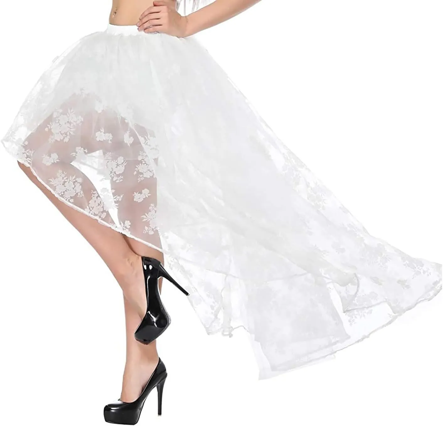 Women's Steampunk Costume Elastic High Waist Casual Mesh Skirt Cocktail Wedding Party Ruffle High Low Tulle Skirts