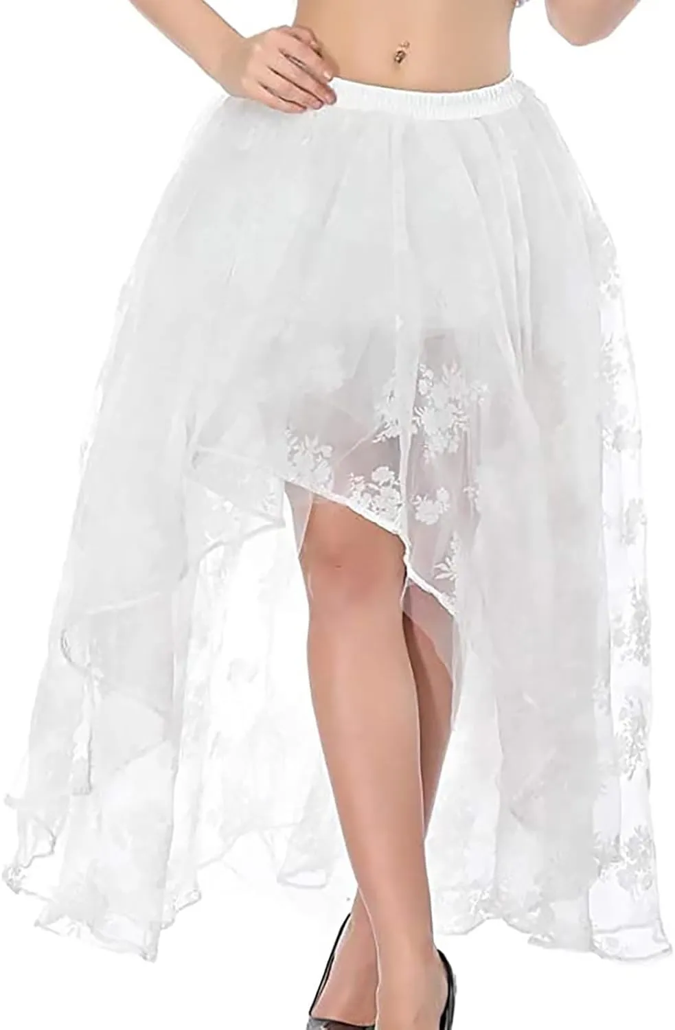 Women's Steampunk Costume Elastic High Waist Casual Mesh Skirt Cocktail Wedding Party Ruffle High Low Tulle Skirts