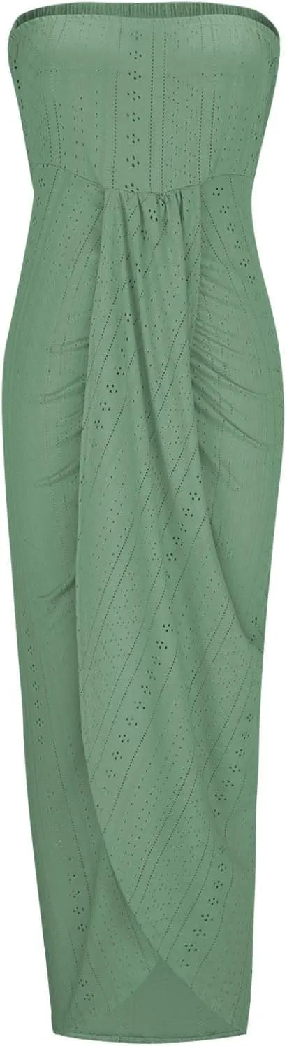 Women's Strapless Beach Dress Summer Eyelet Hollow Out Maxi Sundress Hawaiian Off Shoulder Cover Ups Split Dresses