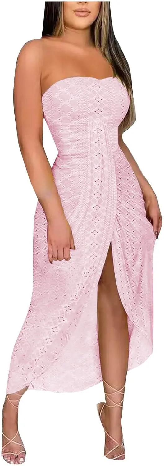 Women's Strapless Beach Dress Summer Eyelet Hollow Out Maxi Sundress Hawaiian Off Shoulder Cover Ups Split Dresses