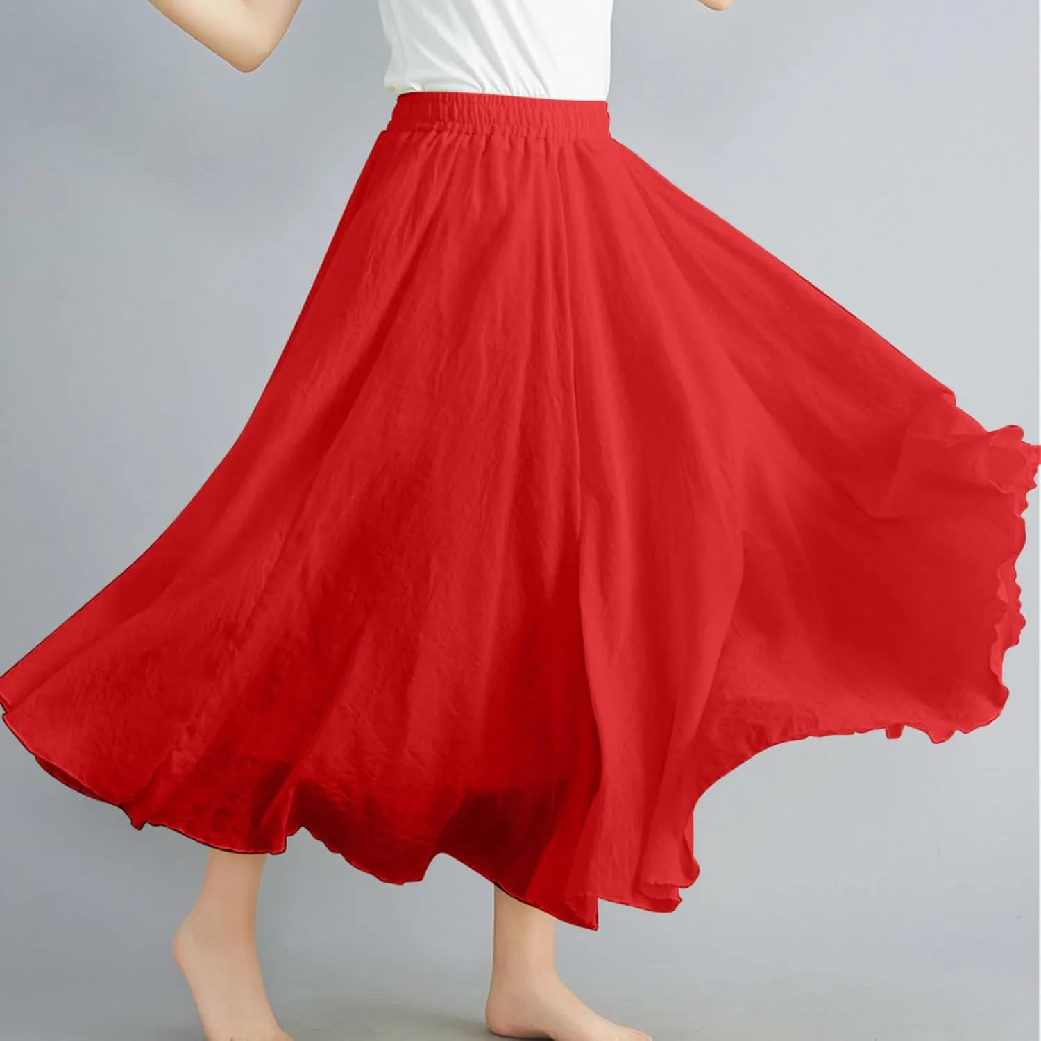 Women's Summer Beach Elastic High Waist A Line Long Skirts Trendy Casual Vacation Loose Solid Color Flowy Midi Skirt