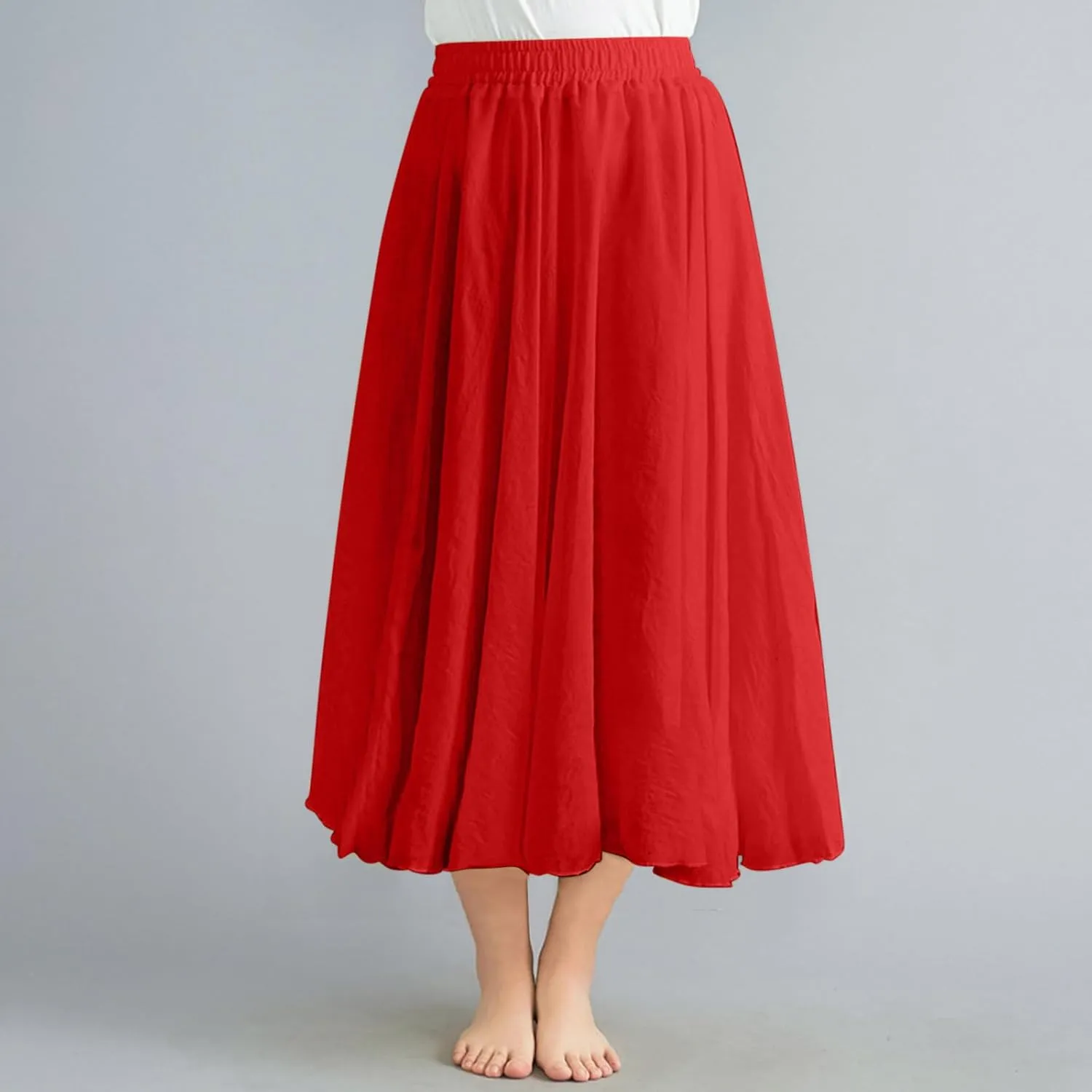 Women's Summer Beach Elastic High Waist A Line Long Skirts Trendy Casual Vacation Loose Solid Color Flowy Midi Skirt