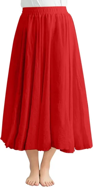 Women's Summer Beach Elastic High Waist A Line Long Skirts Trendy Casual Vacation Loose Solid Color Flowy Midi Skirt