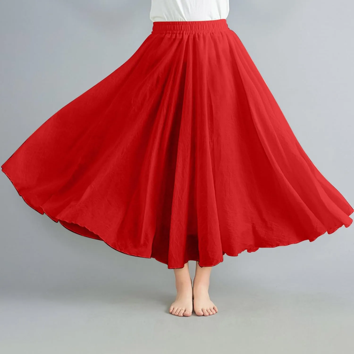 Women's Summer Beach Elastic High Waist A Line Long Skirts Trendy Casual Vacation Loose Solid Color Flowy Midi Skirt
