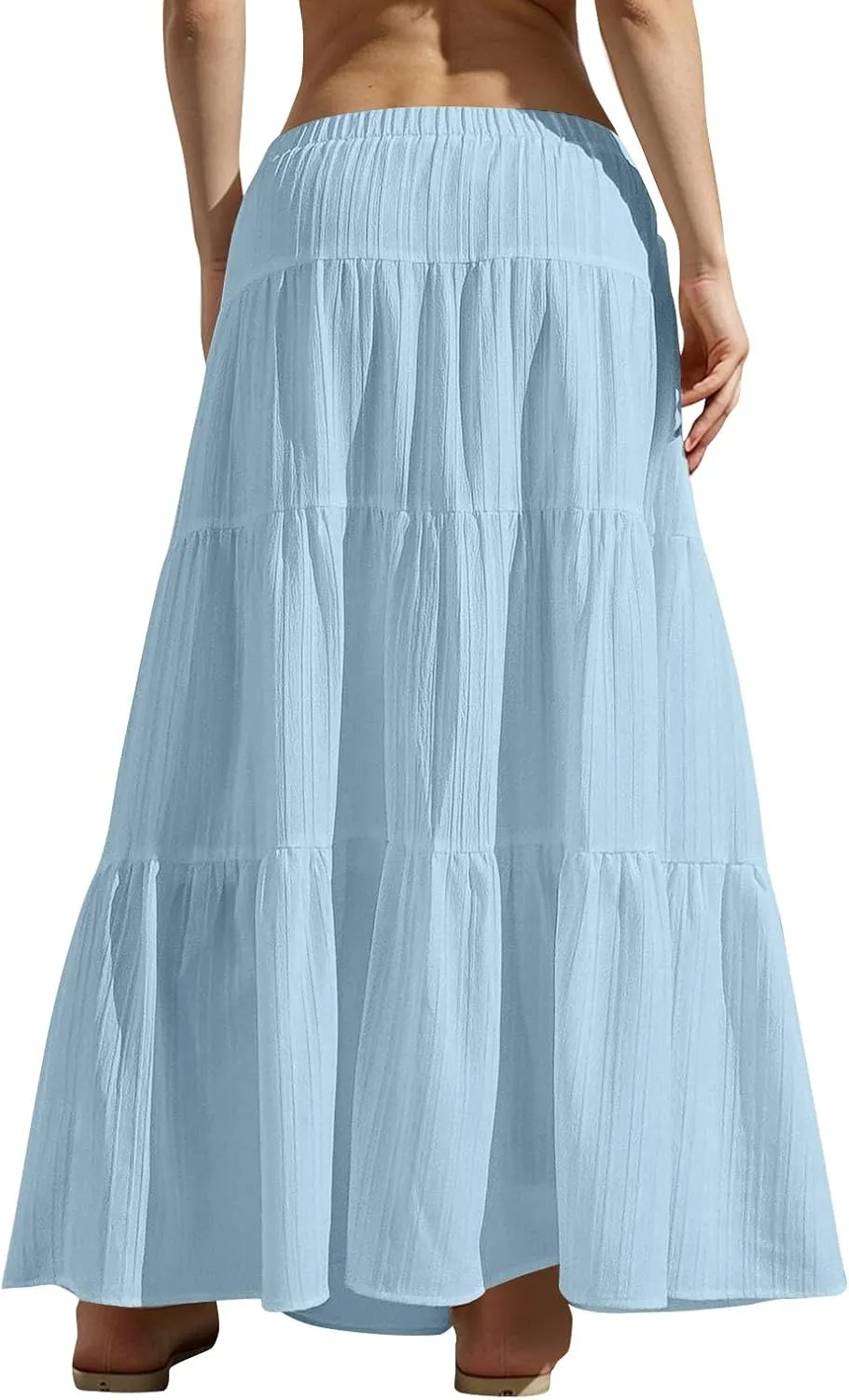 Womens Summer Boho Flowy Swing Tiered A-Line Maxi Skirt 2025 Trendy Elastic Waist Tie Ruffle Pleated Beach Dress
