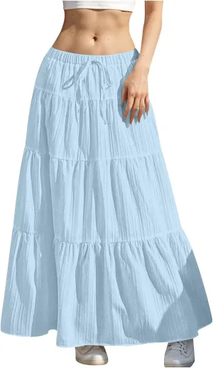 Womens Summer Boho Flowy Swing Tiered A-Line Maxi Skirt 2025 Trendy Elastic Waist Tie Ruffle Pleated Beach Dress