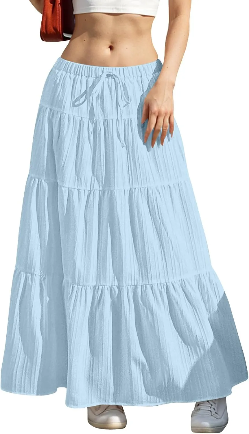 Womens Summer Boho Flowy Swing Tiered A-Line Maxi Skirt 2025 Trendy Elastic Waist Tie Ruffle Pleated Beach Dress