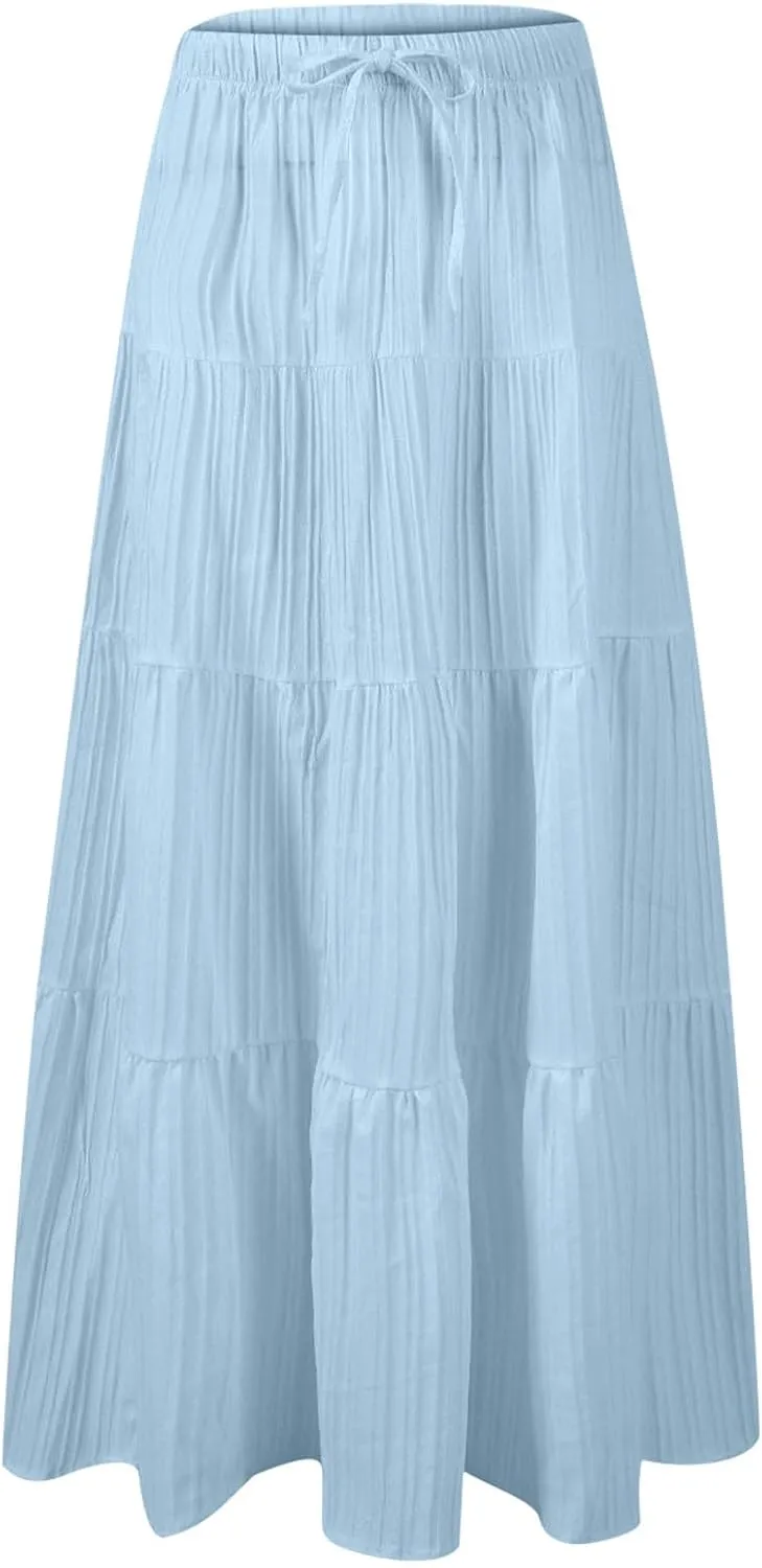 Womens Summer Boho Flowy Swing Tiered A-Line Maxi Skirt 2025 Trendy Elastic Waist Tie Ruffle Pleated Beach Dress