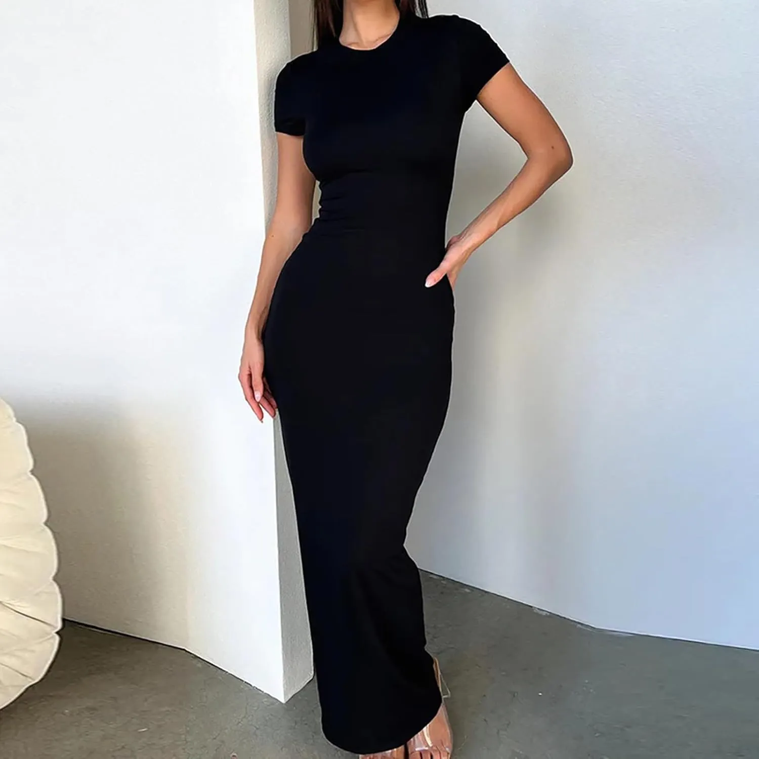 Womens Summer Casual Lounge Long Dress Elegant Short Sleeve Crew Neck Bodycon Maxi Dresses Party Cocktail Ruched Maxi Dresses