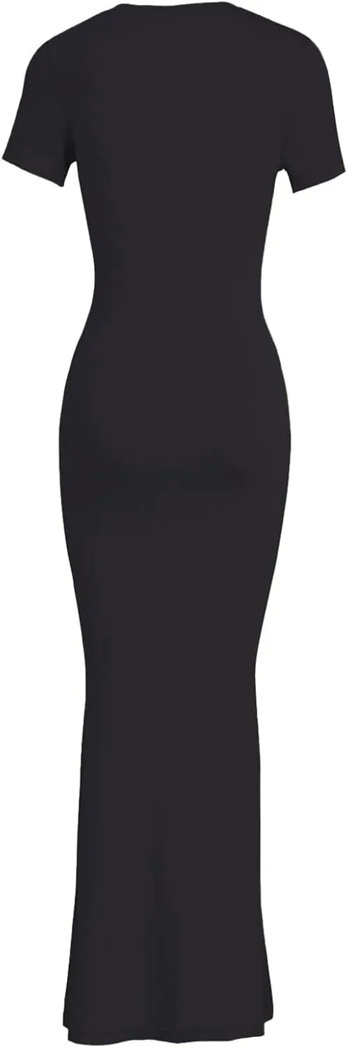 Womens Summer Casual Lounge Long Dress Elegant Short Sleeve Crew Neck Bodycon Maxi Dresses Party Cocktail Ruched Maxi Dresses