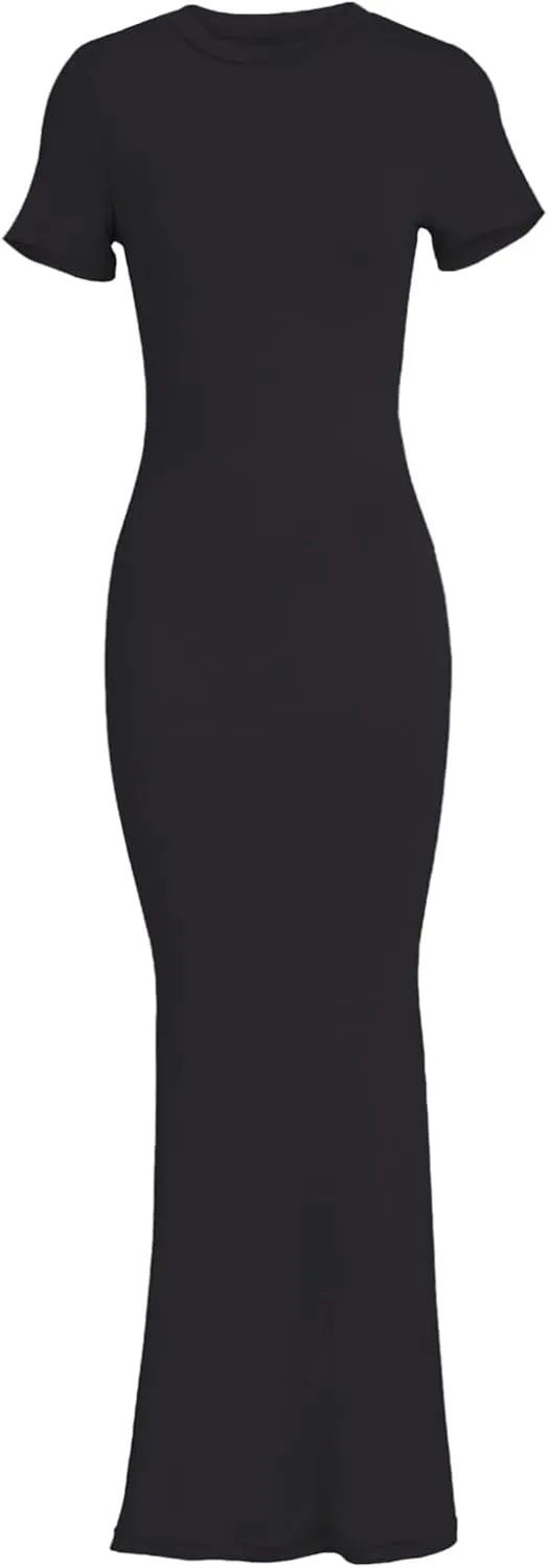Womens Summer Casual Lounge Long Dress Elegant Short Sleeve Crew Neck Bodycon Maxi Dresses Party Cocktail Ruched Maxi Dresses