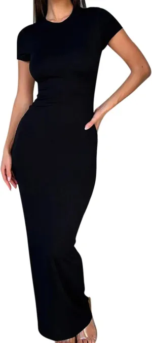 Womens Summer Casual Lounge Long Dress Elegant Short Sleeve Crew Neck Bodycon Maxi Dresses Party Cocktail Ruched Maxi Dresses