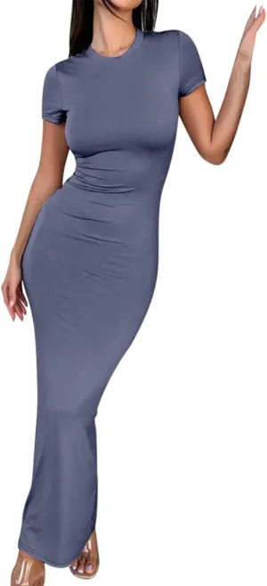 Womens Summer Casual Lounge Long Dress Elegant Short Sleeve Crew Neck Bodycon Maxi Dresses Party Cocktail Ruched Maxi Dresses