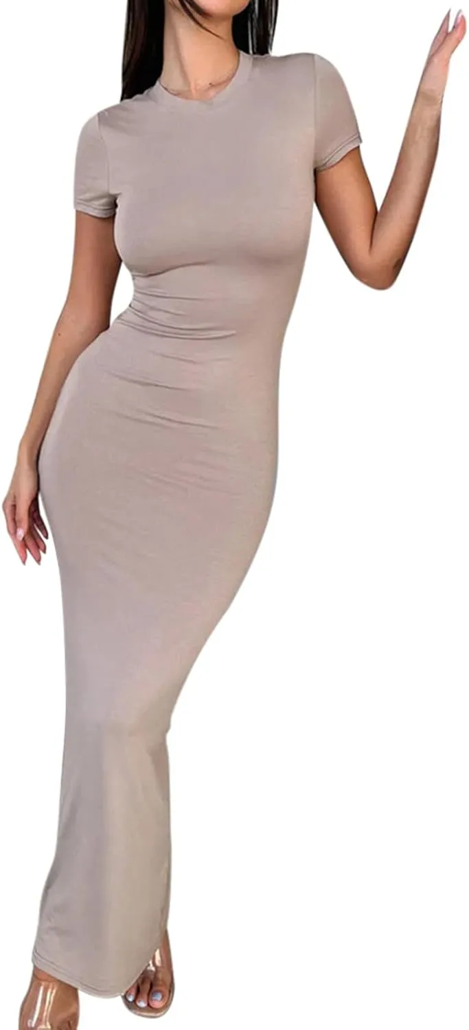 Womens Summer Casual Lounge Long Dress Elegant Short Sleeve Crew Neck Bodycon Maxi Dresses Party Cocktail Ruched Maxi Dresses