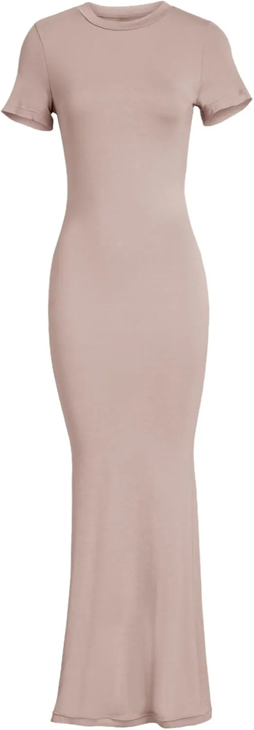 Womens Summer Casual Lounge Long Dress Elegant Short Sleeve Crew Neck Bodycon Maxi Dresses Party Cocktail Ruched Maxi Dresses