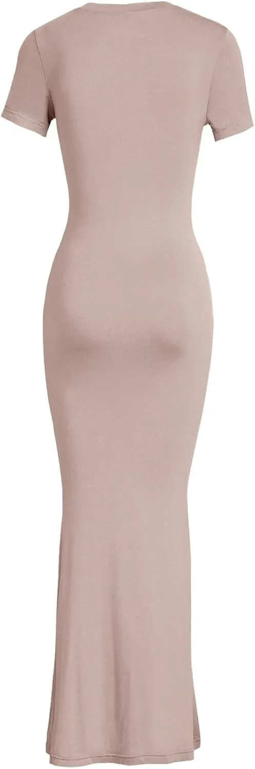 Womens Summer Casual Lounge Long Dress Elegant Short Sleeve Crew Neck Bodycon Maxi Dresses Party Cocktail Ruched Maxi Dresses