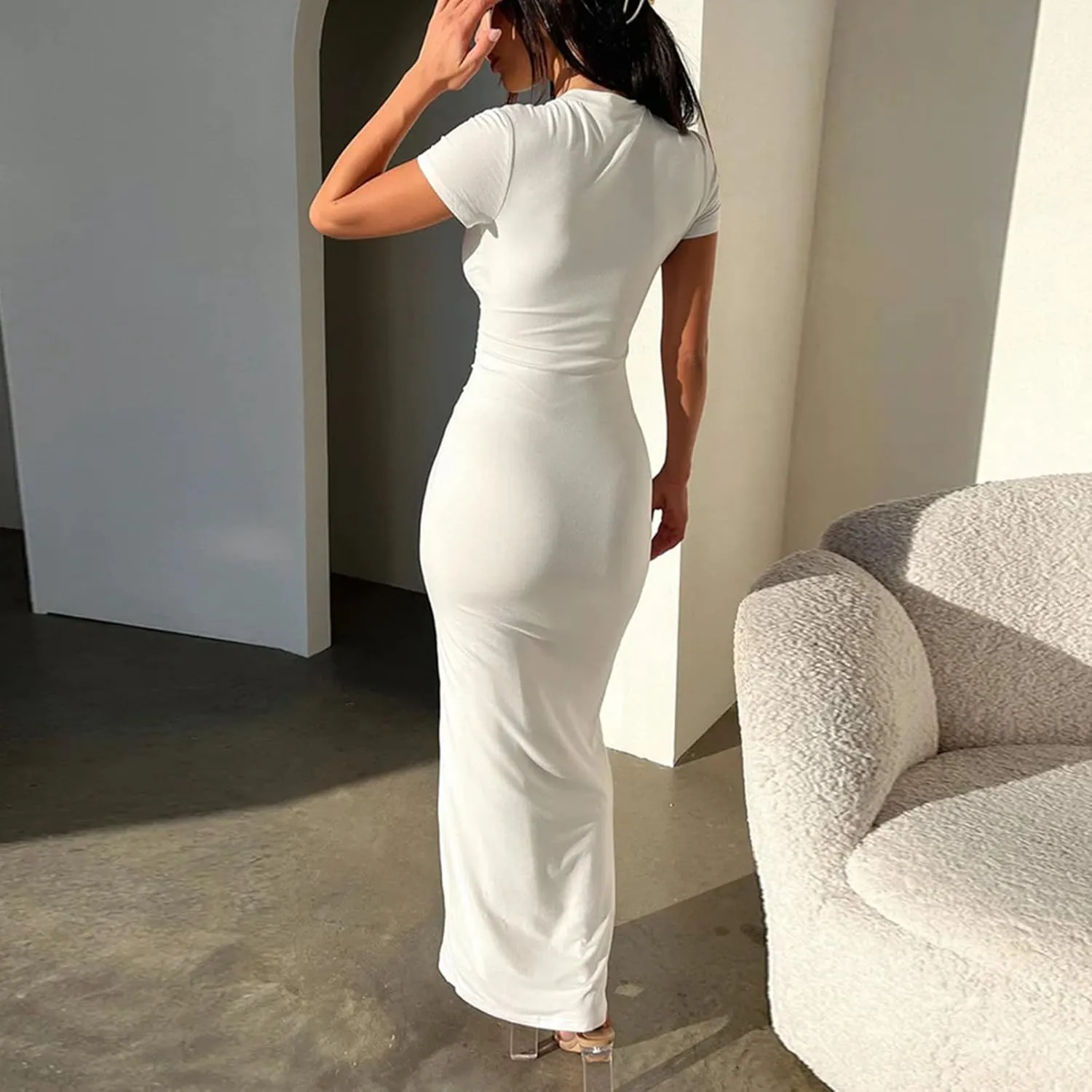 Womens Summer Casual Lounge Long Dress Elegant Short Sleeve Crew Neck Bodycon Maxi Dresses Party Cocktail Ruched Maxi Dresses