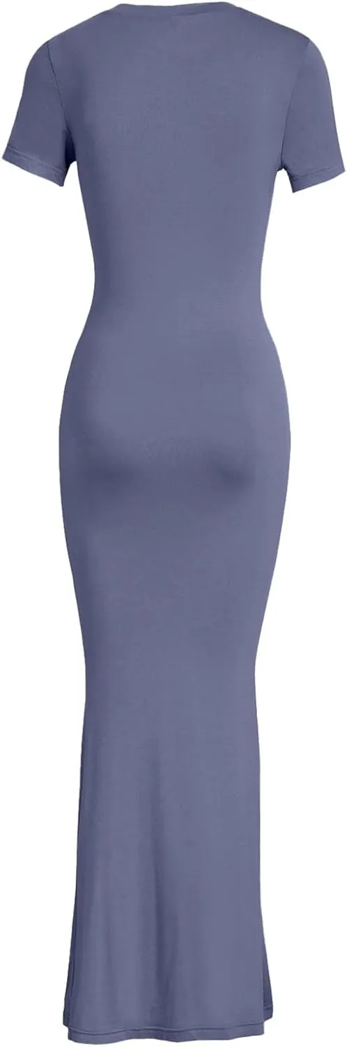 Womens Summer Casual Lounge Long Dress Elegant Short Sleeve Crew Neck Bodycon Maxi Dresses Party Cocktail Ruched Maxi Dresses