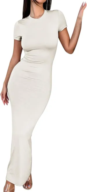 Womens Summer Casual Lounge Long Dress Elegant Short Sleeve Crew Neck Bodycon Maxi Dresses Party Cocktail Ruched Maxi Dresses