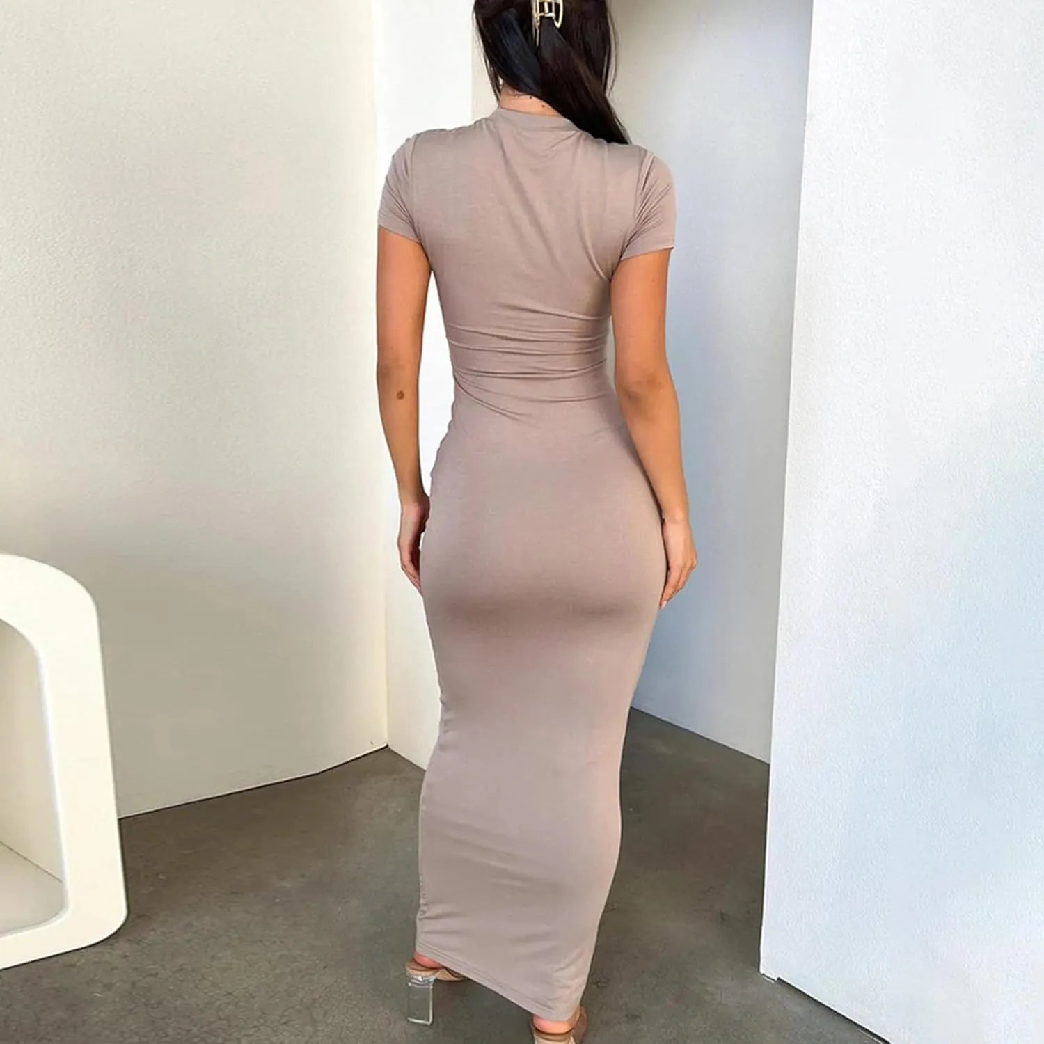 Womens Summer Casual Lounge Long Dress Elegant Short Sleeve Crew Neck Bodycon Maxi Dresses Party Cocktail Ruched Maxi Dresses