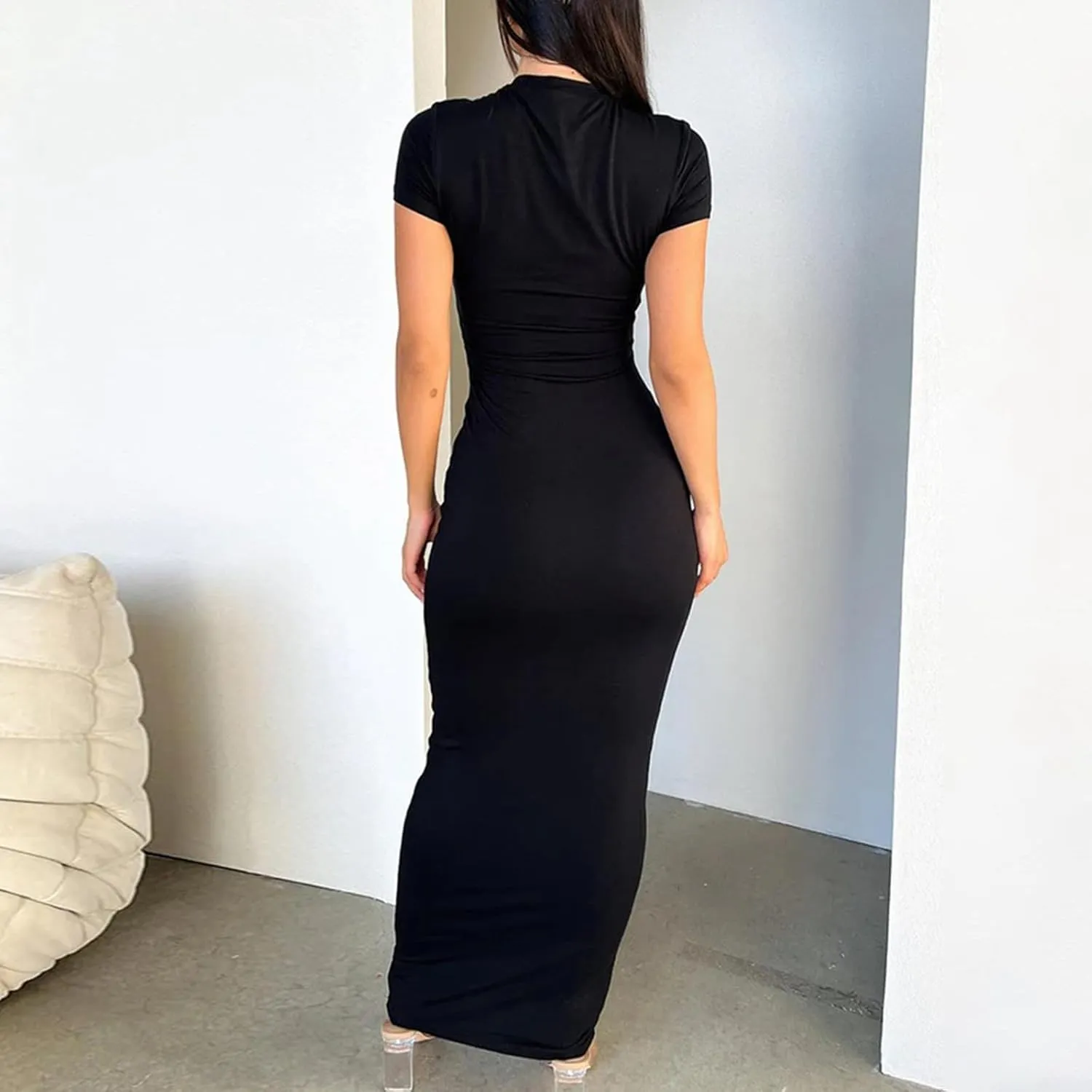 Womens Summer Casual Lounge Long Dress Elegant Short Sleeve Crew Neck Bodycon Maxi Dresses Party Cocktail Ruched Maxi Dresses