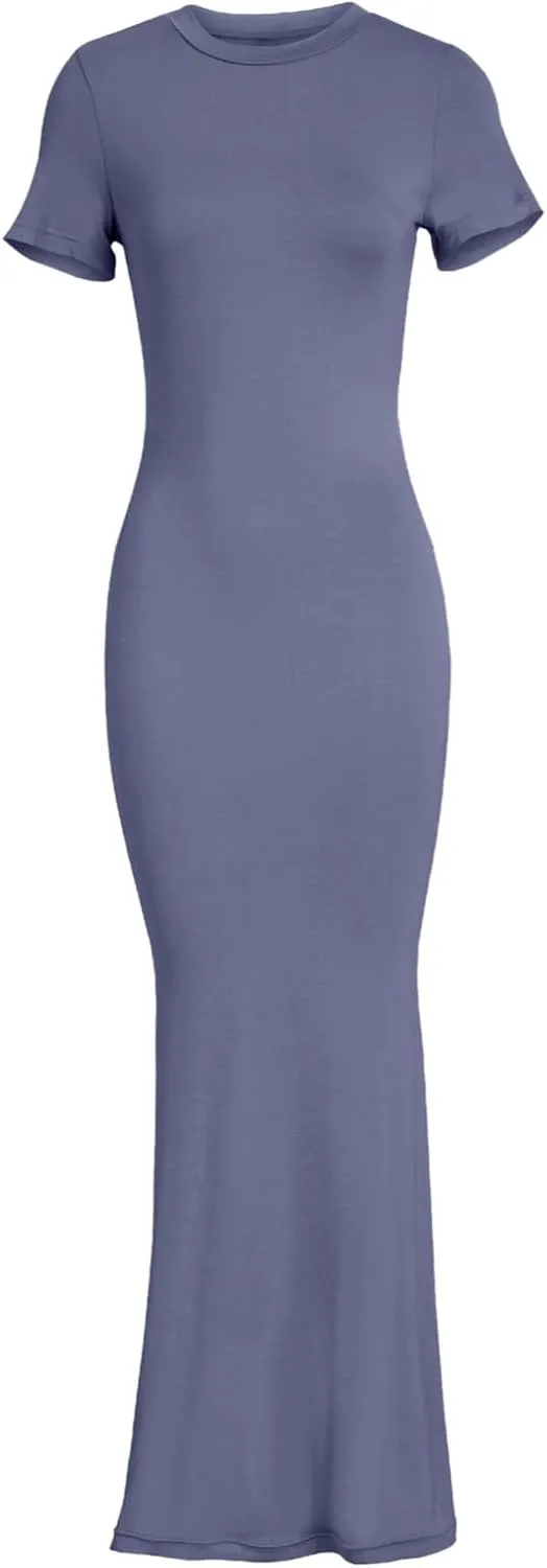 Womens Summer Casual Lounge Long Dress Elegant Short Sleeve Crew Neck Bodycon Maxi Dresses Party Cocktail Ruched Maxi Dresses