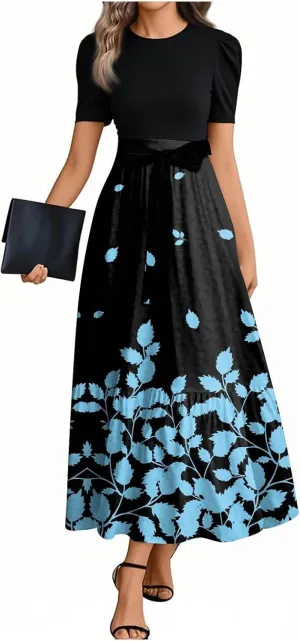 Womens Summer Casual Midi Dress Cowl Neck Short Sleeve Smocked High Waist A Line Wedding Guest