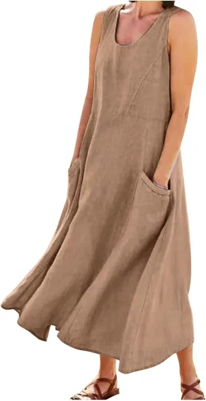 Women's Summer Cotton Linen Sleeveless Maxi Flowy Dresses Plus Size Loose Comfy Elegant Dress with Pockets