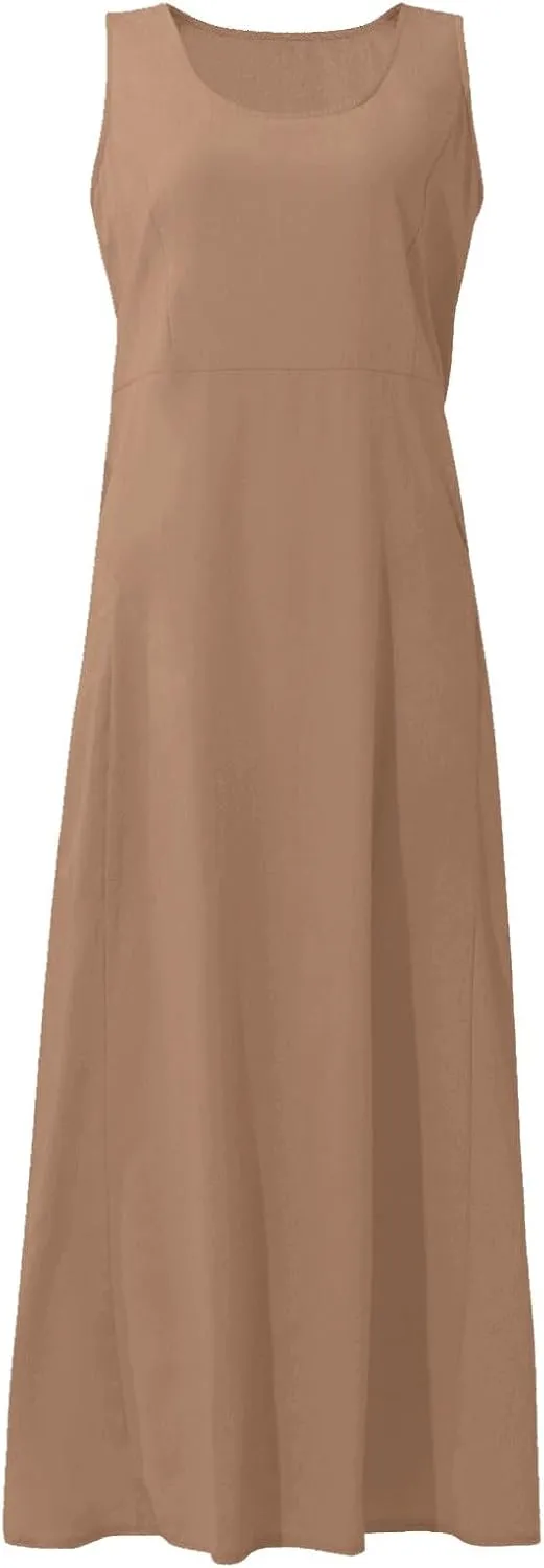 Women's Summer Cotton Linen Sleeveless Maxi Flowy Dresses Plus Size Loose Comfy Elegant Dress with Pockets