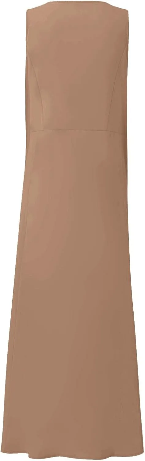 Women's Summer Cotton Linen Sleeveless Maxi Flowy Dresses Plus Size Loose Comfy Elegant Dress with Pockets